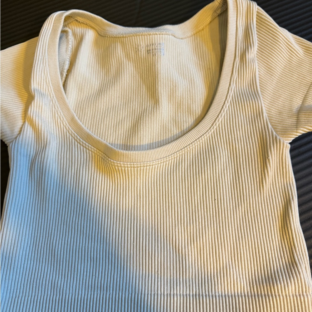 Aerie Tan Cream Ribbed Scoop Neck Offline Crop Top